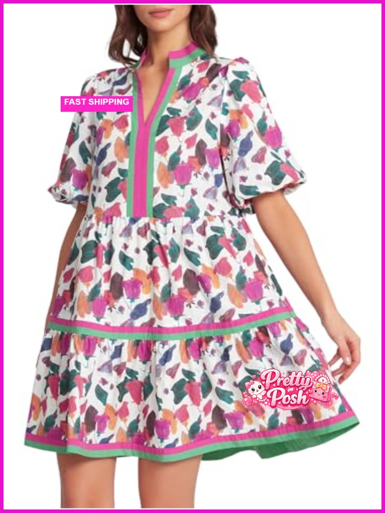 Women Babydoll Mini Dress Floral Puff Sleeve A-Line Boho Short Dress